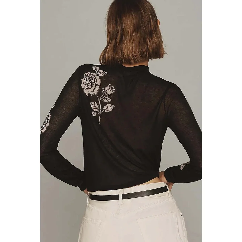 Black Rose-Embroidered Lightweight Sweater - Picture 4 of 16